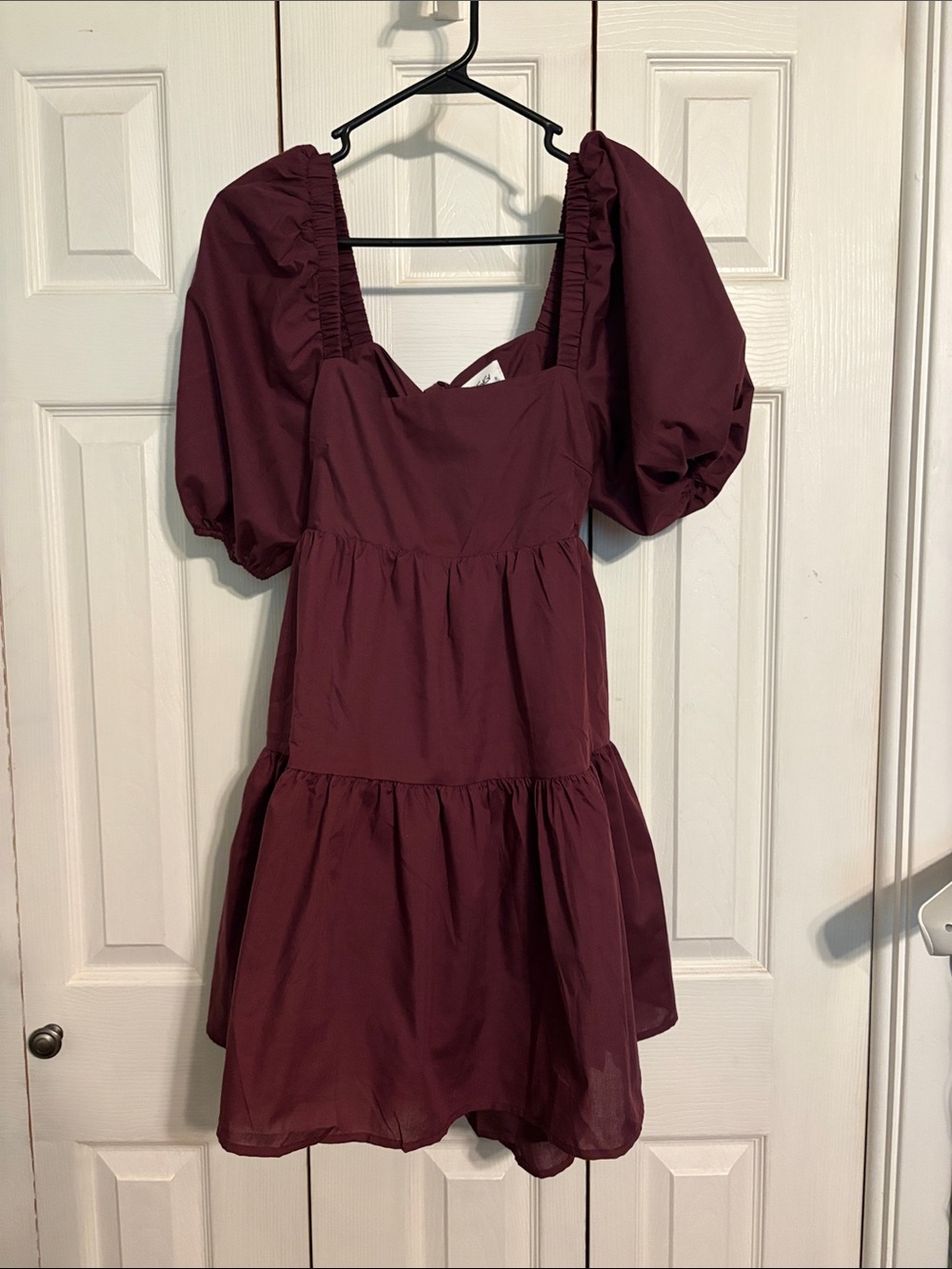 Puff Sleeve Tiered Mini Dress in Burgundy